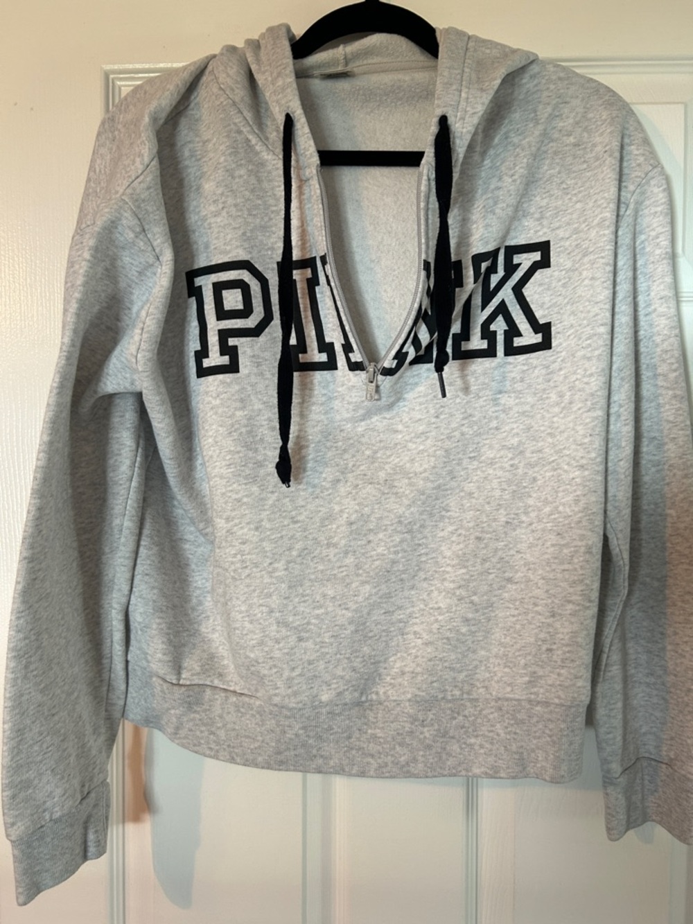 PINK Victoria's Secret Light Gray Half-Zip Hoodie with Black Logo